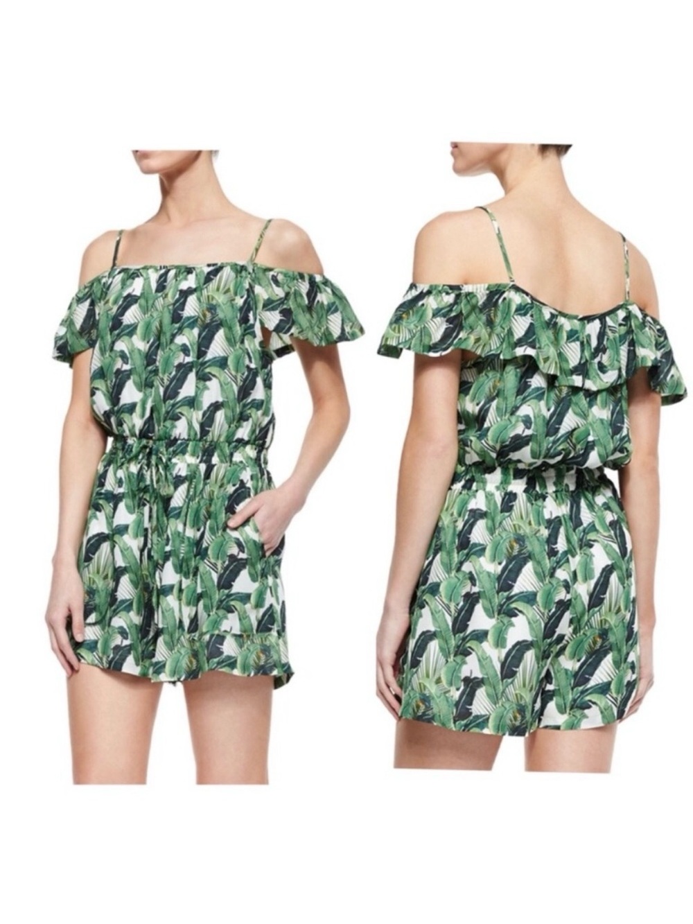Rebecca Minkoff Ashby Palm Leaf Silk Romper Tropical Hawaiian Beach Vacation